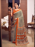 Orange And Black Mulmul Cottons Saree With Blouse Piece