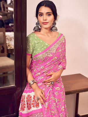 Pink Mulmul Cottons Saree With Blouse Piece