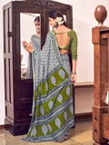 Grey And Green Mulmul Cottons Saree With Blouse Piece