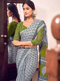 Grey And Green Mulmul Cottons Saree With Blouse Piece