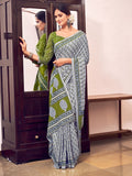 Grey And Green Mulmul Cottons Saree With Blouse Piece