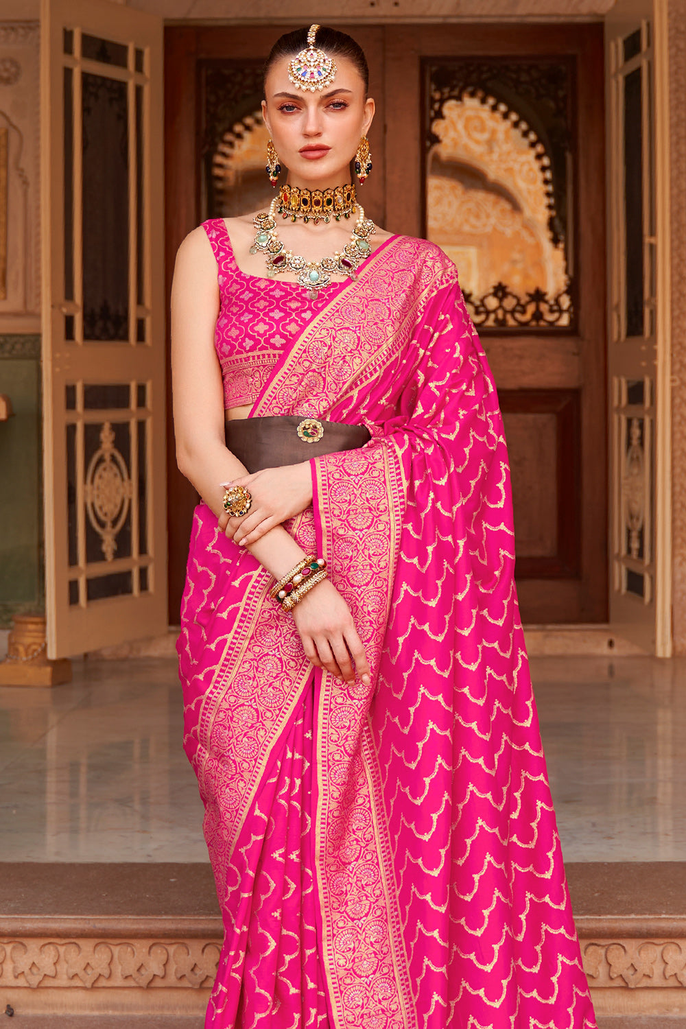 Off White & Pink Combination Fancy Soft Banarasi Saree – StylebyPanaaash