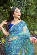 Teal Organza Saree with Blue Blouse Piece