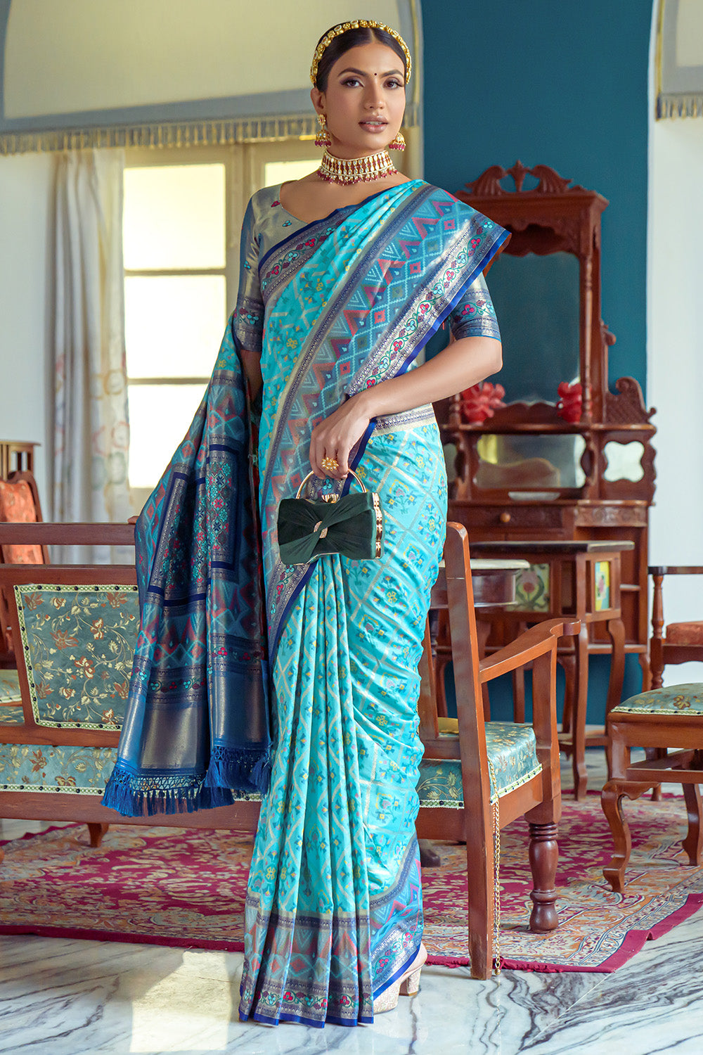 Turquoise Blue Golden Zari Kanjeevaram Silk Saree - House of Vardha