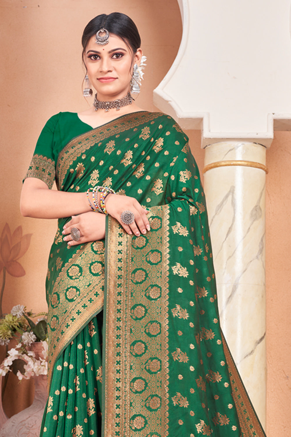 Buy Bottle Green Banarasi Saree online-Karagiri