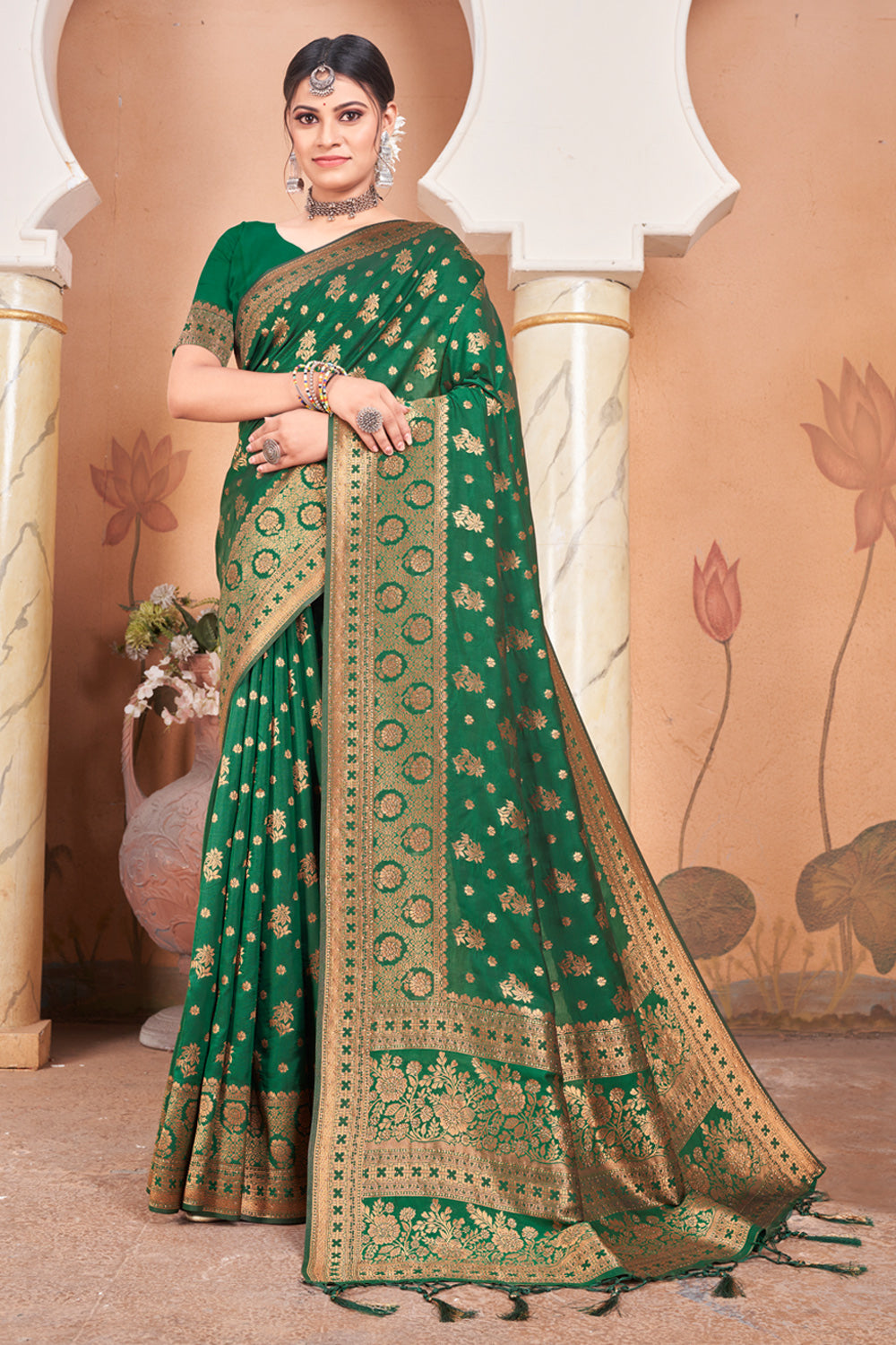 Buy Bottle Green Banarasi Silk Traditional Wear Weaving Half N Half Saree  Online From Wholesale Salwar.