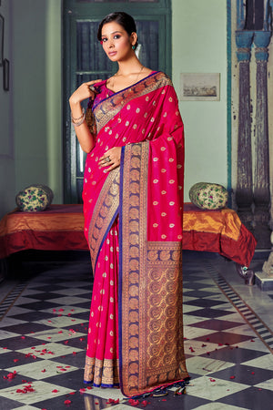 Pink Banarasi Silk Saree With Blouse Piece