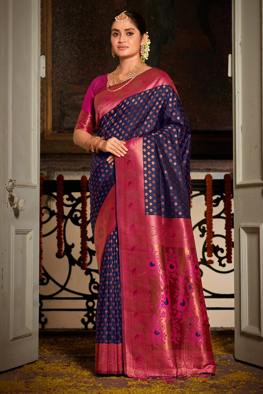 Stone Silk Classic Saree in Navy Blue