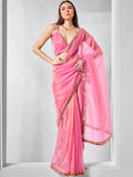 Mirror Work Lace Organza Saree With Blouse Piece