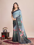 Sky Linen Blend Saree With Blouse Piece