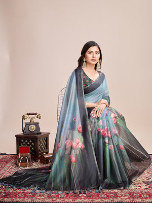 Sky Linen Blend Saree With Blouse Piece