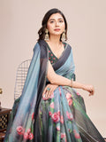 Sky Linen Blend Saree With Blouse Piece