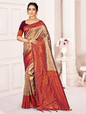 Brown Kanjivaram Silk Saree With Blouse Piece