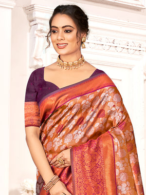 Brown Kanjivaram Silk Saree With Blouse Piece