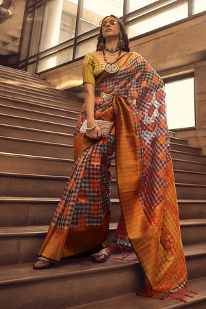 Orange Banarasi Silk Saree With Blouse Piece