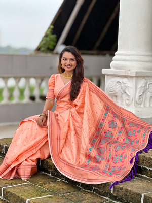 Peach Paithani Silk Saree With Blouse Piece