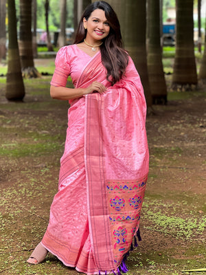 Pink Paithani Silk Saree With Blouse Piece