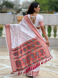 White Paithani Silk Saree With Blouse Piece