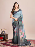 Sky Linen Blend Saree With Blouse Piece