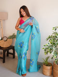 Sky Blue Organza Saree With Blouse Piece