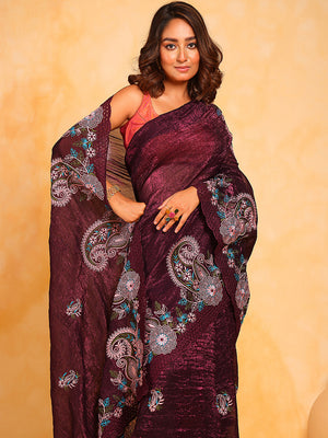 Burgundy Silk Saree With Blouse Piece