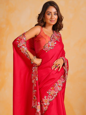 Red tussar silk Saree With Blouse Piece