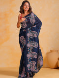 Navy Blue Silk Saree With Blouse Piece