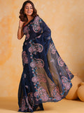 Navy Blue Silk Saree With Blouse Piece