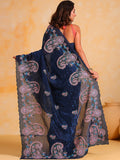 Navy Blue Silk Saree With Blouse Piece