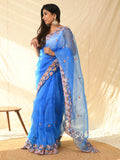 Blue Organza Saree With Blouse Piece