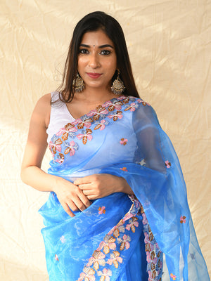 Blue Organza Saree With Blouse Piece