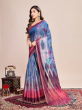 Blue Linen Blend Saree With Blouse Piece