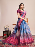 Blue Linen Blend Saree With Blouse Piece