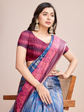 Blue Linen Blend Saree With Blouse Piece