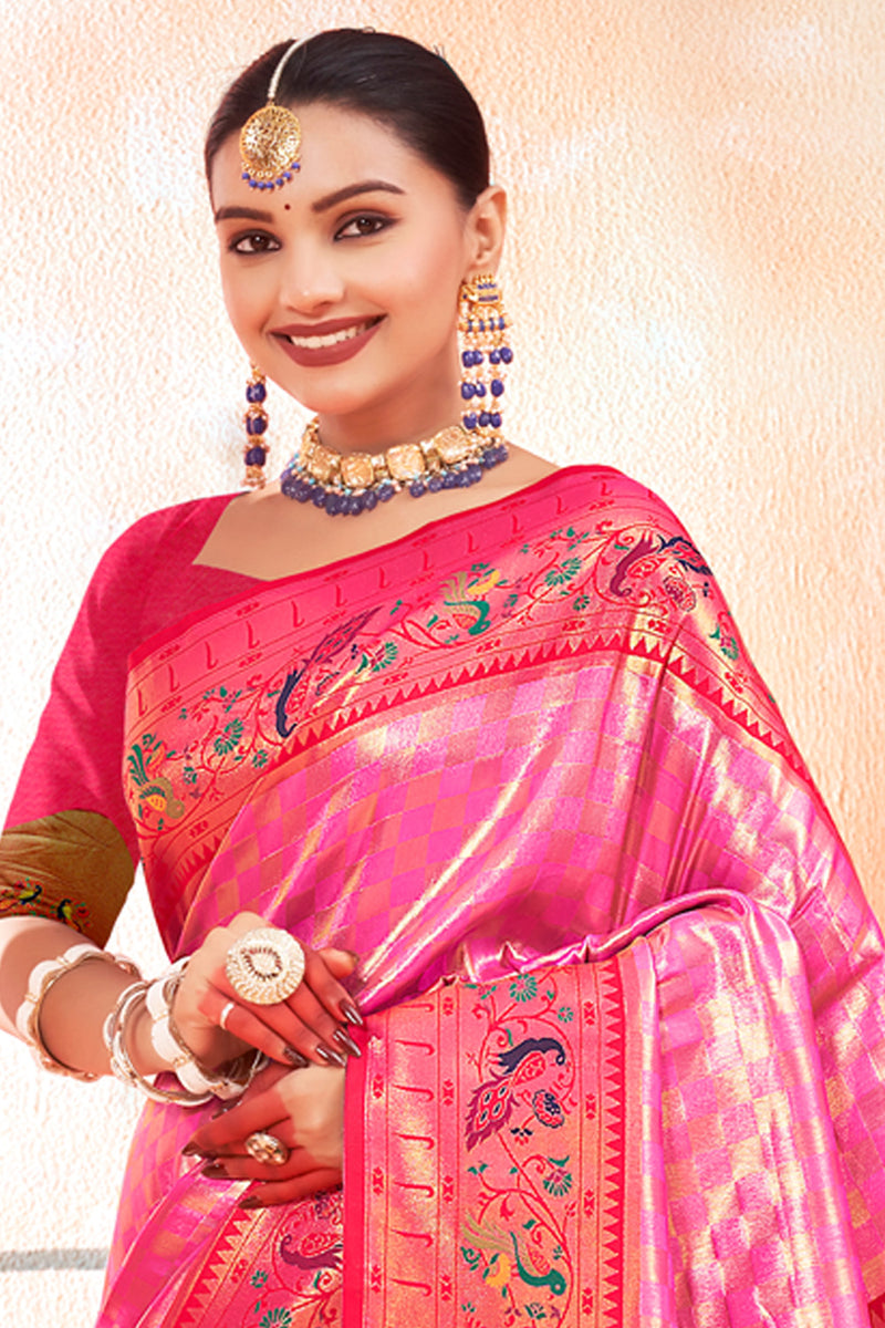 Buy Pink Zari Woven Paithani Silk Saree With Blouse Piece Online Karagiri