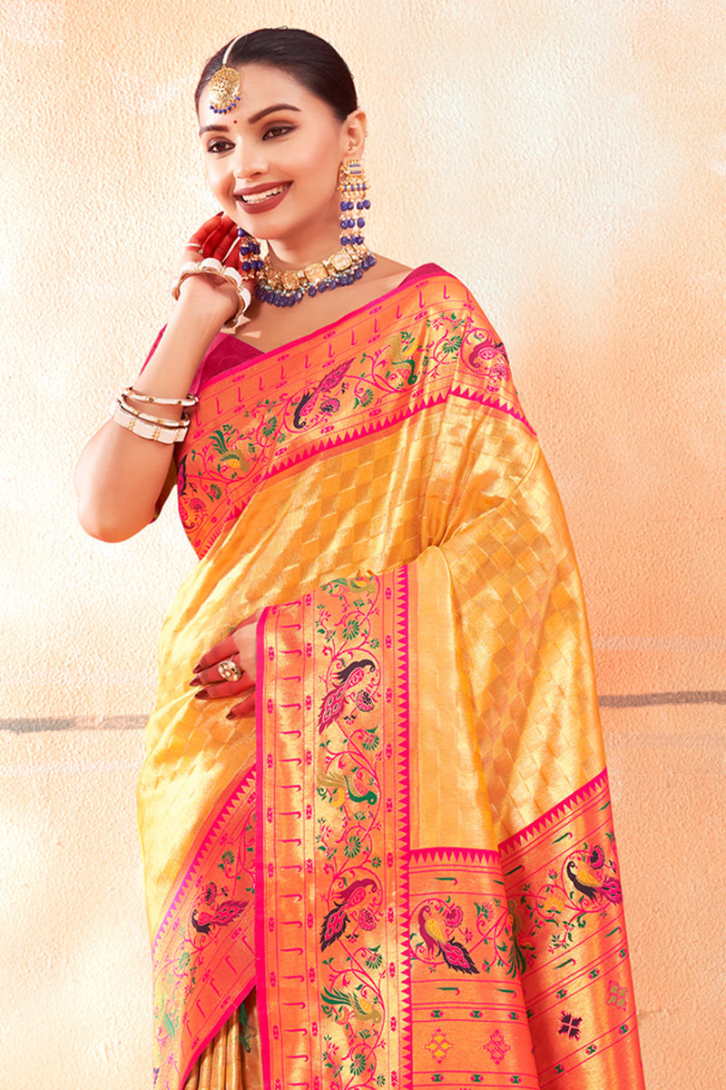 Buy Yellow Zari Woven Paithani Silk Saree With Blouse Piece online-Karagiri