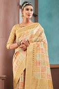 Beige Cotton Linen NeoJacquard Digital Elegance Saree