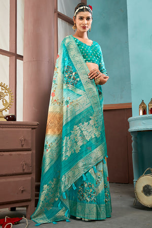 Rama Green Cotton Linen NeoJacquard Digital Elegance Saree