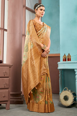 Mustard Yellow Cotton Linen NeoJacquard Digital Elegance Saree