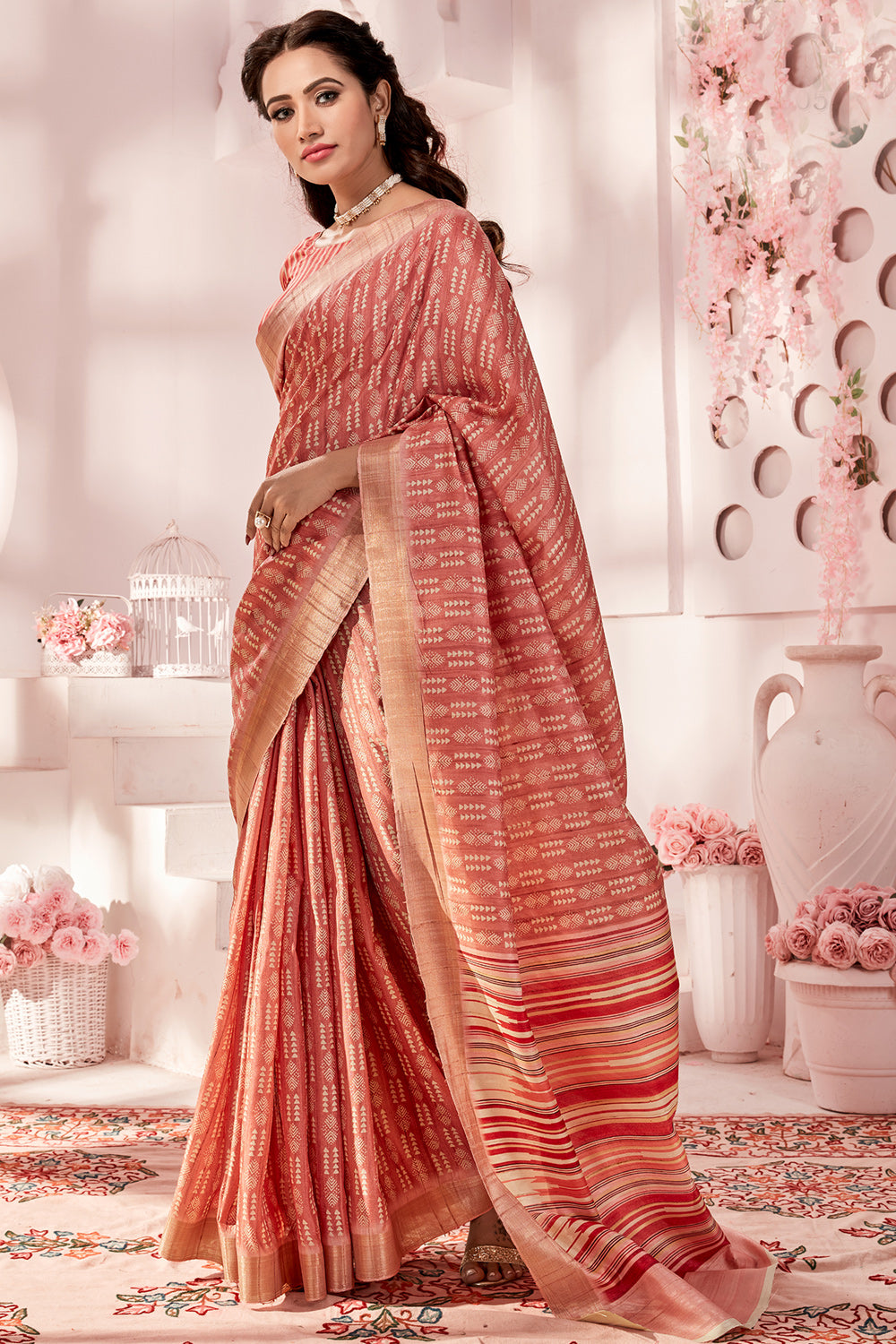 Royal Beige Woven Banarasi Tussar Silk Saree With Berry Red Border – Zari  Banaras