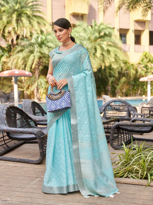 Blue Pure Linen Saree With Blouse Piece