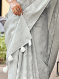 Grey Pure Linen Saree With Blouse Piece