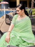 Green Pure Linen Saree With Blouse Piece