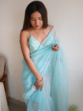 Sky Blue Organza Saree With Blouse Piece