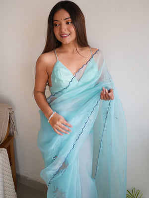 Sky Blue Organza Saree With Blouse Piece