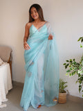 Sky Blue Organza Saree With Blouse Piece