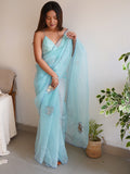 Sky Blue Organza Saree With Blouse Piece