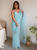 Sky Blue Organza Saree With Blouse Piece