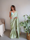 Pista Green Georgette Saree With Blouse Piece