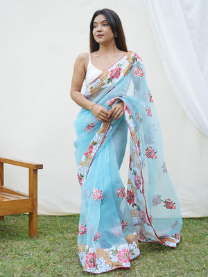 Sky Blue Organza Saree With Blouse Piece